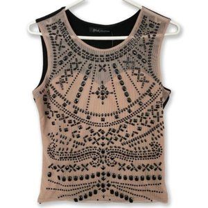 Sleeveless Beige and Black Beaded Sheer Top